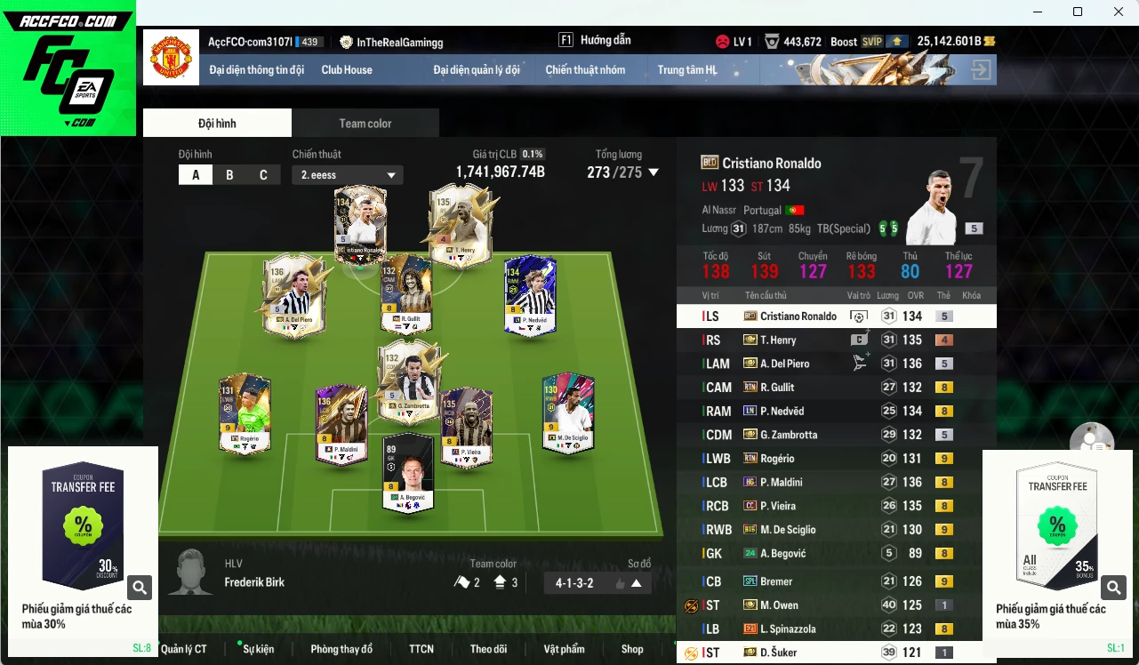 Ảnh [ACC Rẻ🔥] Juventus 1.741.960b dư 25.100b có Del Piero ITM+5, Henry ITM+4, CR7 BLD, Maldini HG, Nedved LN, Vieira CC, Zambrotta ITM+5, Gullit RTN, De Sciglio BTB+9 (bù), Bremer SPL+9(bù), Rogério RTN+9... Đã đào tạo full nhiều cầu thủ, HLV Xịn